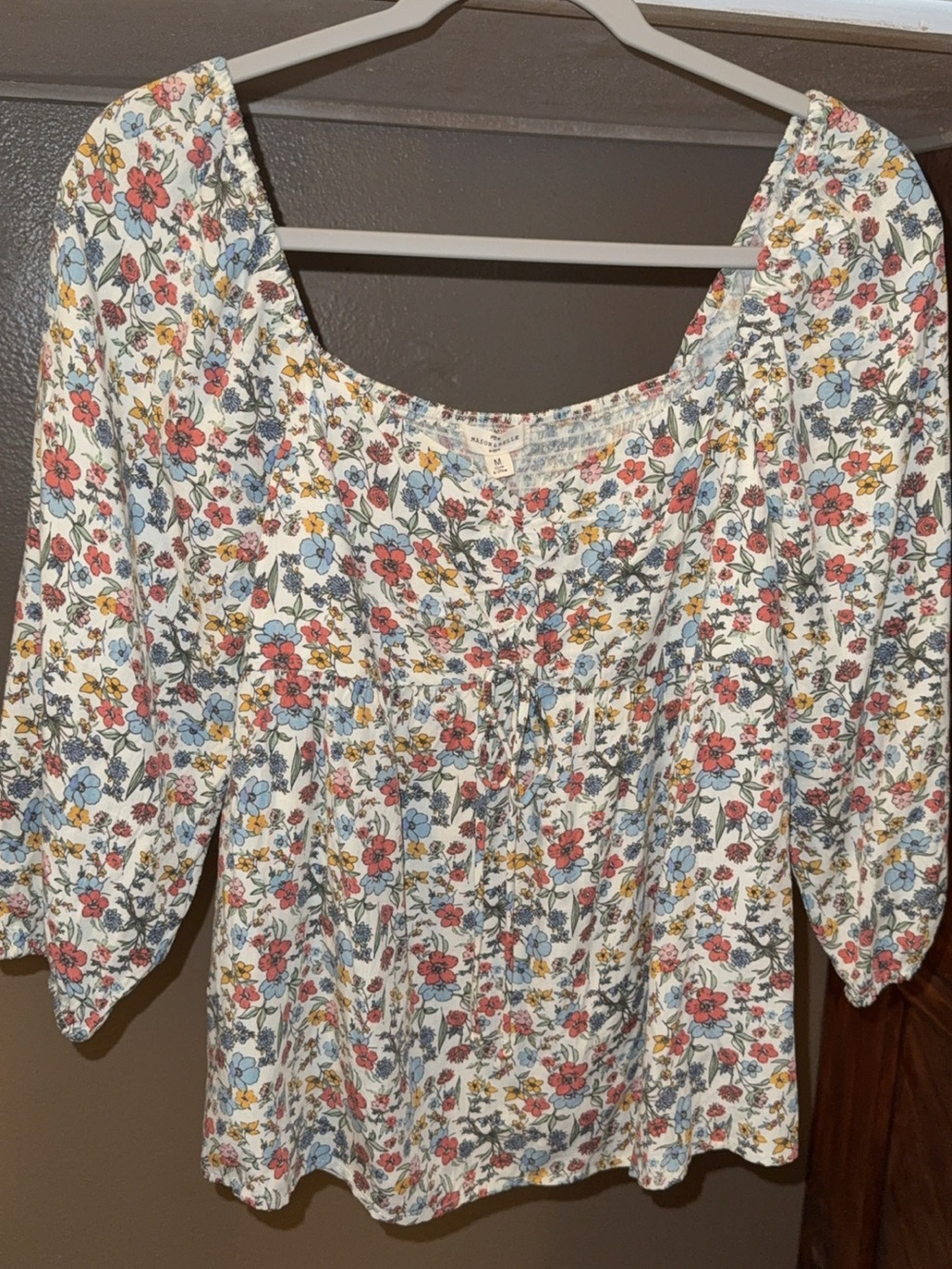 White Floral Scoop-Neck Blouse with Pink & Blue Flowers